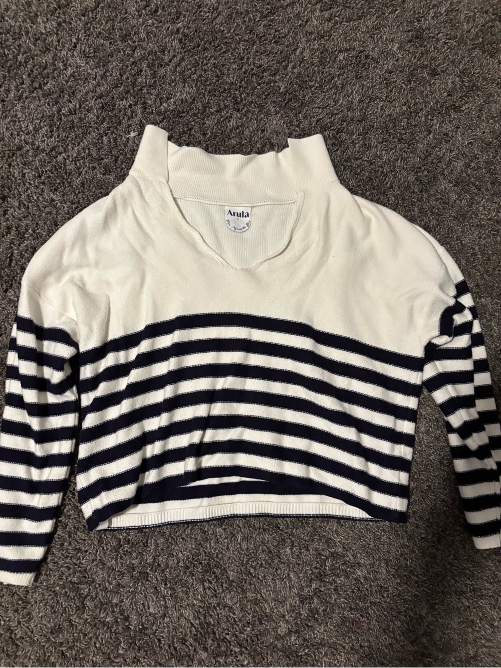 Altar'd State White and Navy Striped Cropped Sweater